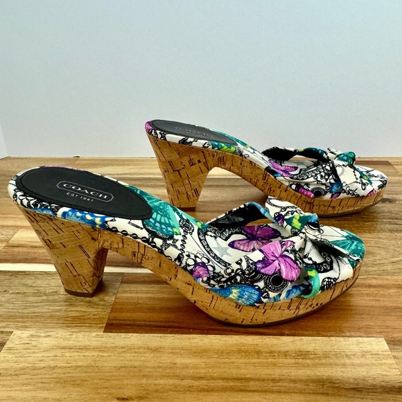 Coach Karen Floral Butterfly Chain Print Cork Heel Bow Slides Sandals Womens 9.5 - Picture 6 of 9